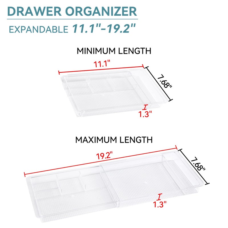 Oubonun Expandable Drawer Organizer 11.1â€ to 19.2â€ Width, Shallow Cosmetic Organizer 1.3â€ Height, 4 Packs, Clear Plastic Storage Trays for Dressing Table,Bathroom - Image 2